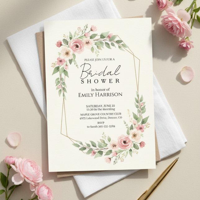 Invitation Soft Rose Bridal Shower Geometric Gold Wreath (rose geometric gold invitation)