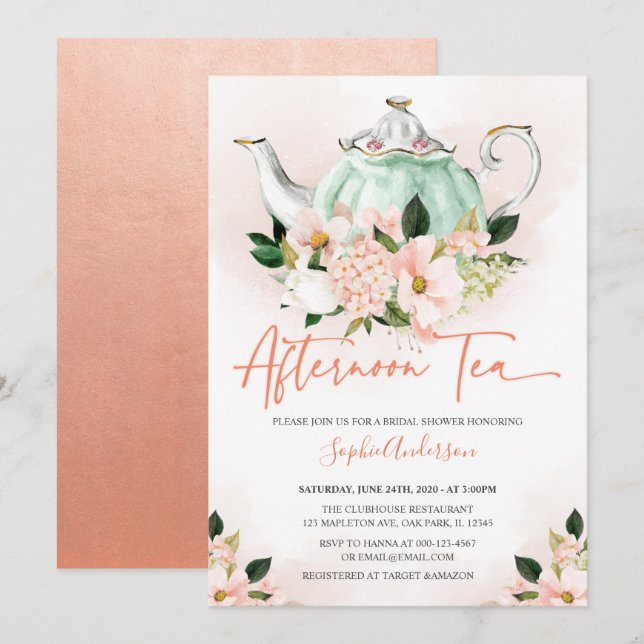 Invitation Soft Rose Floral Après-Midi Tea Party Fête des mar (Devant / Derrière)