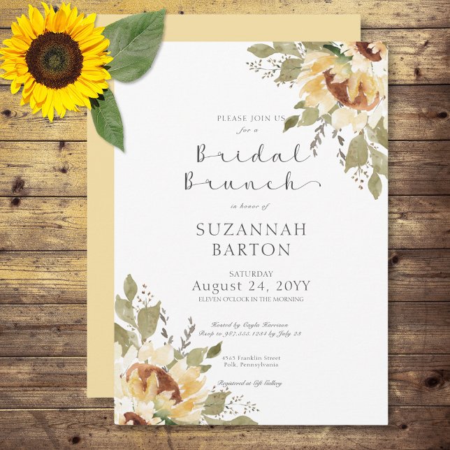 Invitation Soft Rustique Grand Tournesol Jaune Brunch nuptial (Soft Rustic Large Yellow Sunflowers Bridal Brunch Invitation)