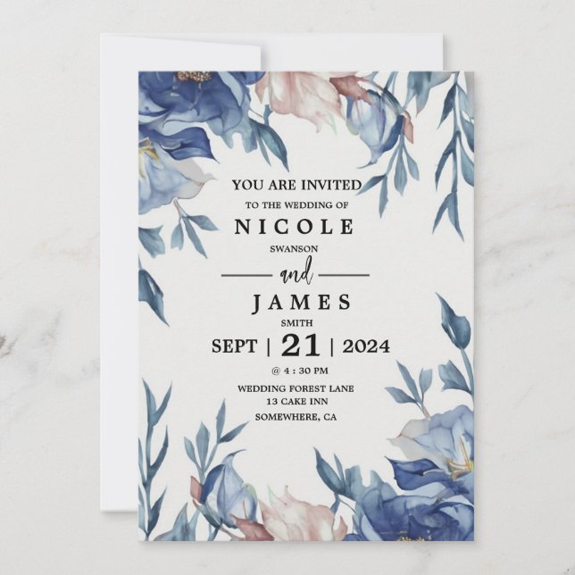 Invitation Soft Watercolor Blue Floral (Devant)