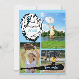 Invitation Softball/ Baseball 3 Photo Light Blue Graduation