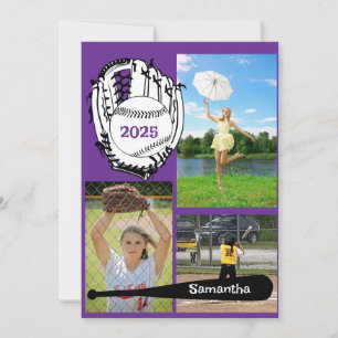 Invitation Softball/ Baseball 3 Photo Purple Graduation
