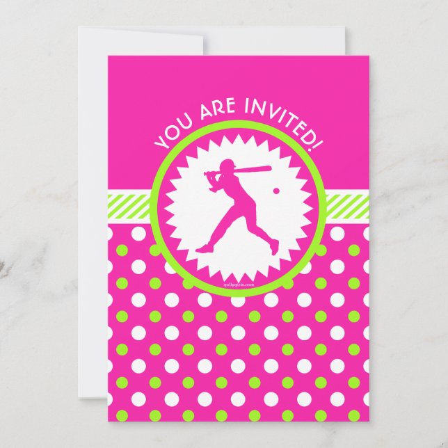 Invitation Softball personnalisé rose - Polka-Dots verts (Devant)