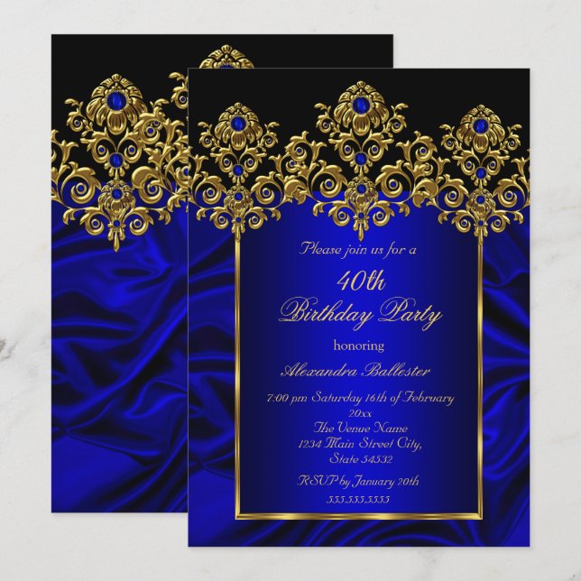 Invitation Soie 40e Anniversaire Royal Blue Gems Or (Devant / Derrière)