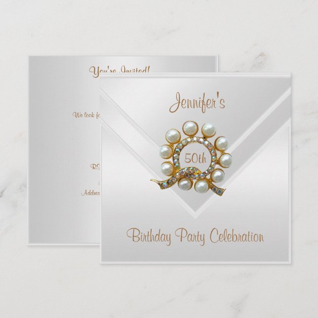 Invitation Soie Blanc 50e anniversaire de fête Gold Pearl Jew (Devant / Derrière)