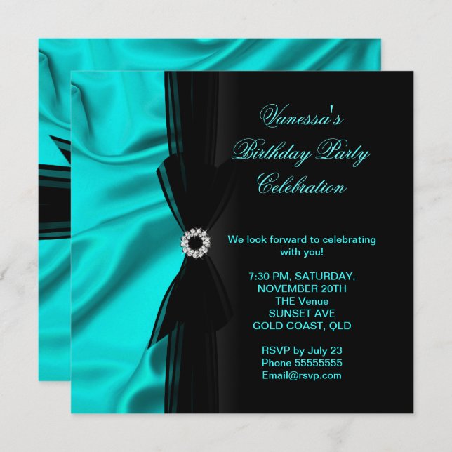 Invitation Soie bleue Turquoise Noire (Devant / Derrière)