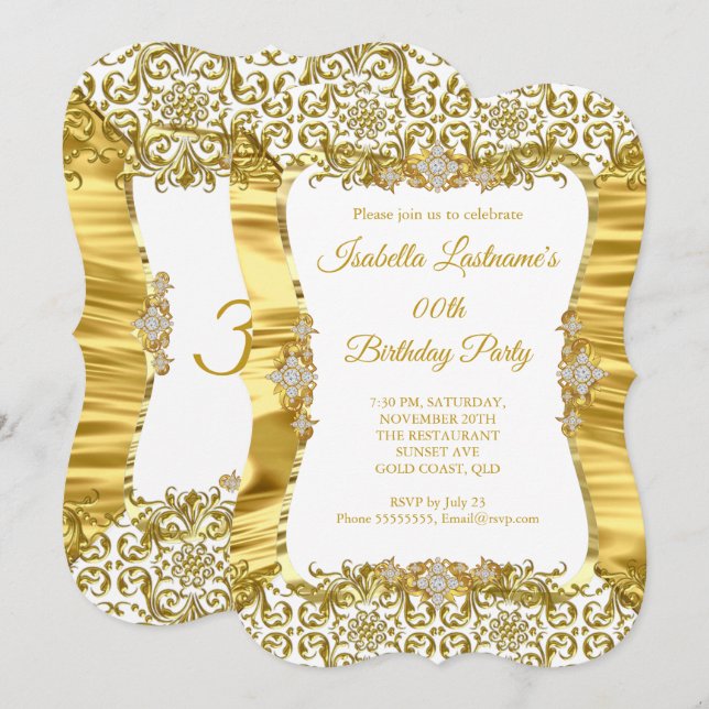 Invitation Soie Damas Or Diamant Blanc Diamant Anniversaire (Devant / Derrière)