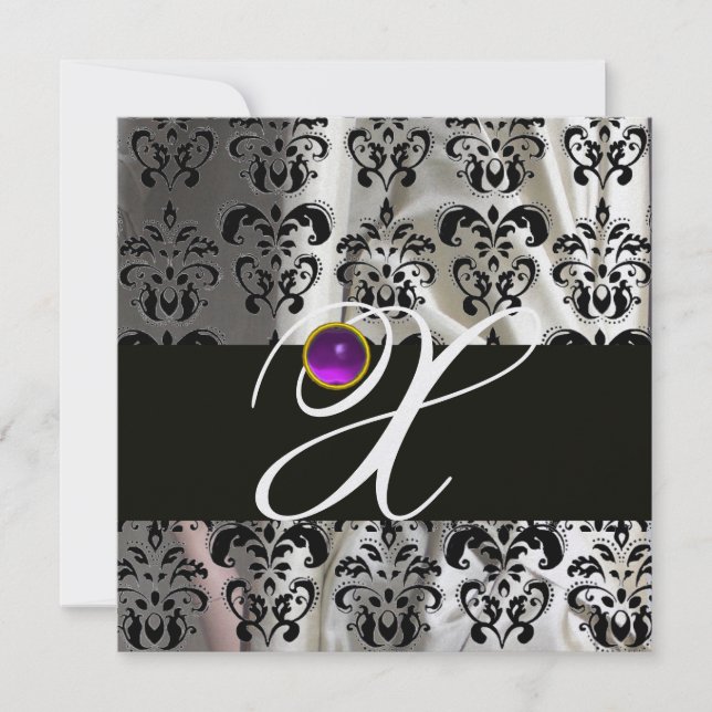 INVITATION SOIE DAMASSÉE GLACE NOIRE MONOGRAMME AMETHYSTE VIO (Devant)