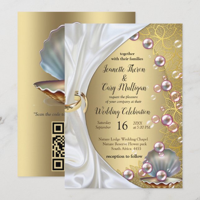 Invitation Soie ivoire, dentelle dorée et perles et marbre (Devant / Derrière)