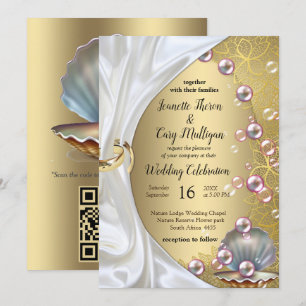 Invitation Soie ivoire, dentelle dorée et perles et marbre