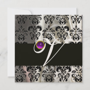 INVITATION SOIE NOIR BLANC DAMAS MONOGRAMME VIOLET AMÉTHYSTE