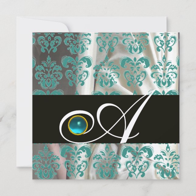 INVITATION SOIE NOIRE BLEUE DAMASSÉE MONOGRAMME AQUAMARINE OR (Devant)