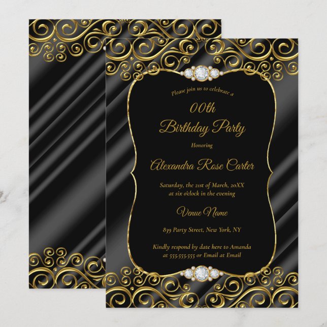 Invitation Soie Or Elégante Noir Diamant Anniversaire (Devant / Derrière)