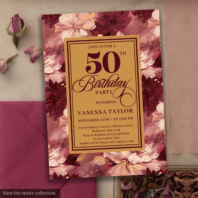 Invitation Soigné merlot blush or fleuri anniversaire (Sophisticated merlot blush gold floral birthday invite

)