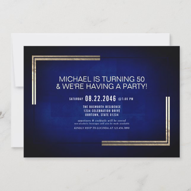 Invitation Soignée Classy Bleu/Or Anniversaire (Devant)