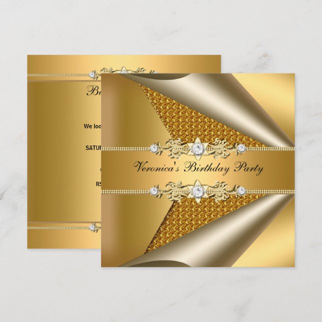 Invitation Soignée Classy Womans Gold Birthday Party (Devant / Derrière)