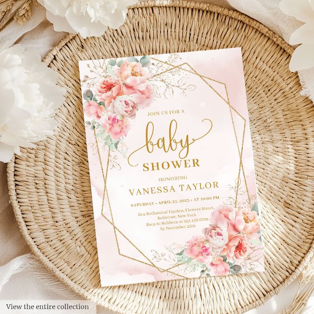 Invitation Soignée douce rose et or fille baby shower (Elegant soft pink and gold girl baby shower party Invitation)