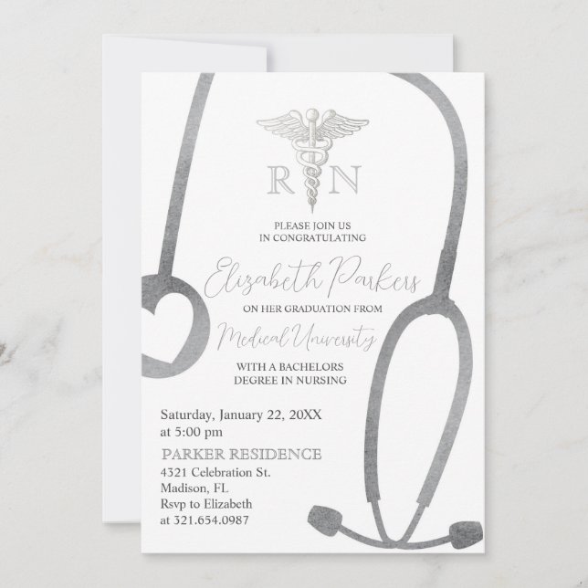 Invitation Soins infirmiers blancs Silver Graduation Party (Devant)