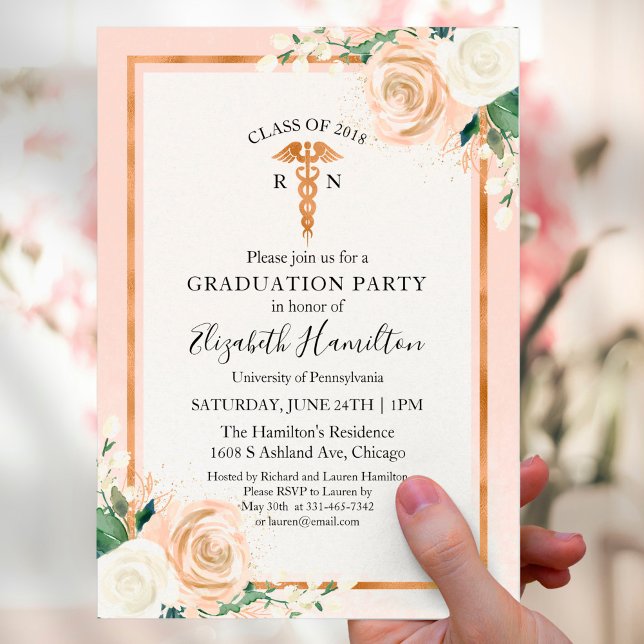 Invitation Soins infirmiers Graduation Party Photo Blush Flor (Créateur téléchargé)