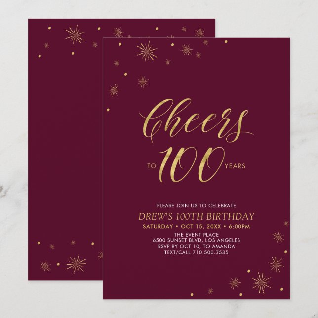 Invitation Soirée 100 Gold & Burgundy 100e anniversaire (Devant / Derrière)