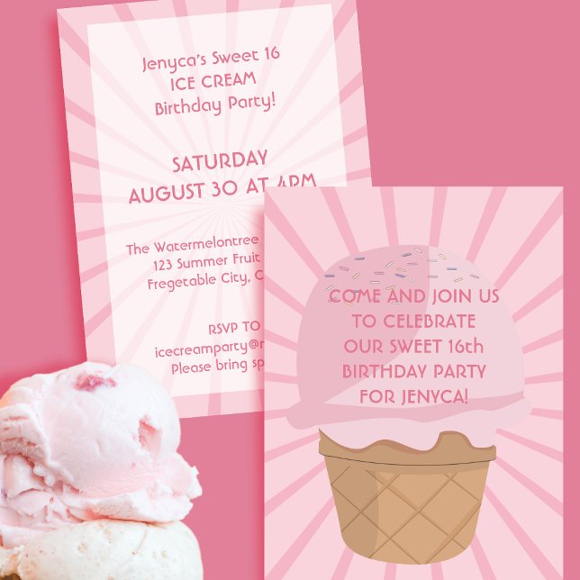 Invitation Soirée 16 Crème de glace rose Anniversaire (Sweet like Ice Cream!🍨)