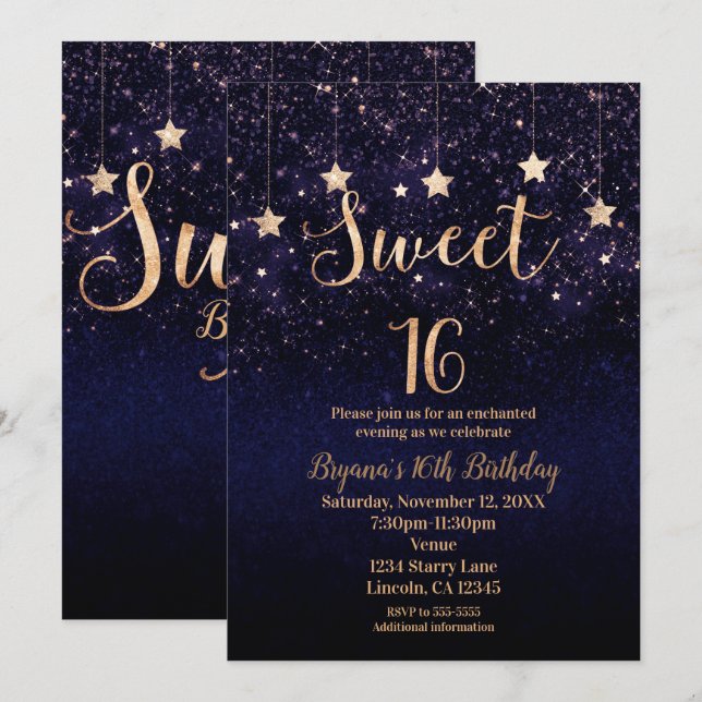Invitation Soirée 16 étoile Gold Purple Sparkle Party (Devant / Derrière)