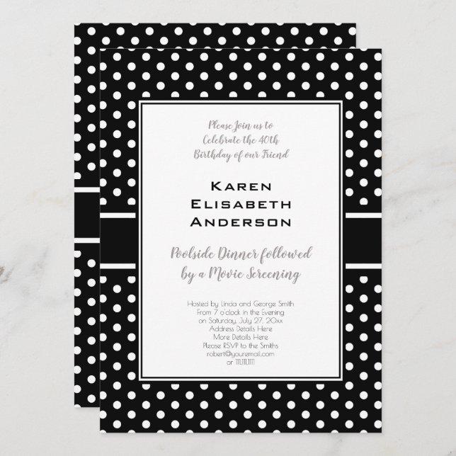 Invitation Soirée 40 ans à pois noir et blanc (Devant / Derrière)