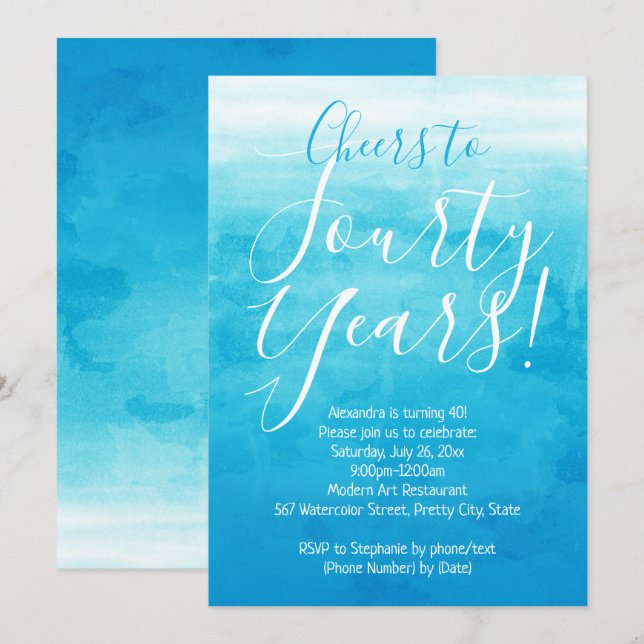 Invitation Soirée 40 Blue Ombre Modern 40e anniversaire (Devant / Derrière)