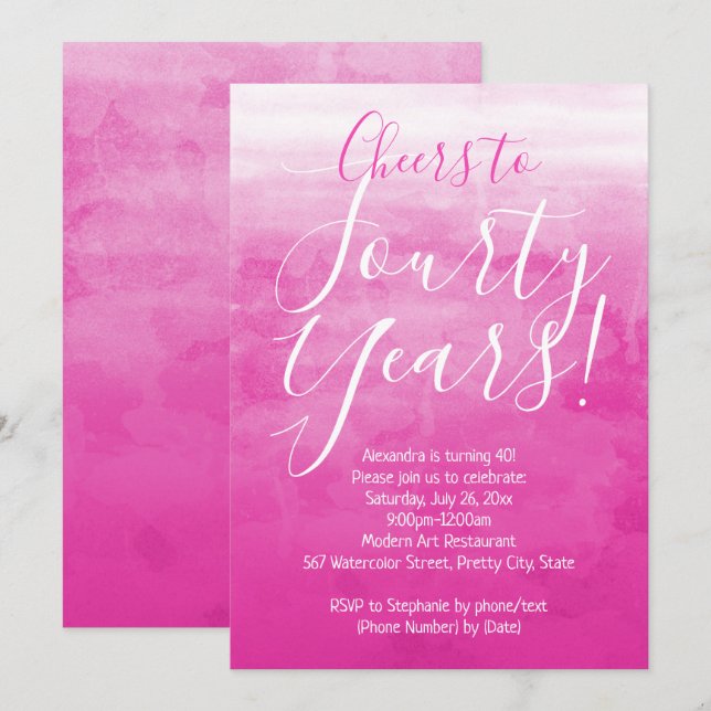 Invitation Soirée 40 Pink Ombre moderne 40e anniversaire (Devant / Derrière)
