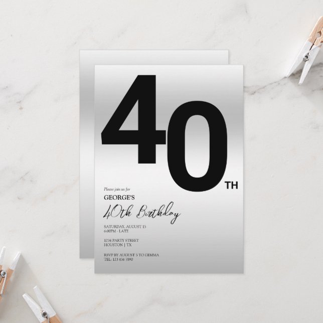 Invitation Soirée 40e anniversaire en argent élégant (Devant/Arrière en situation)
