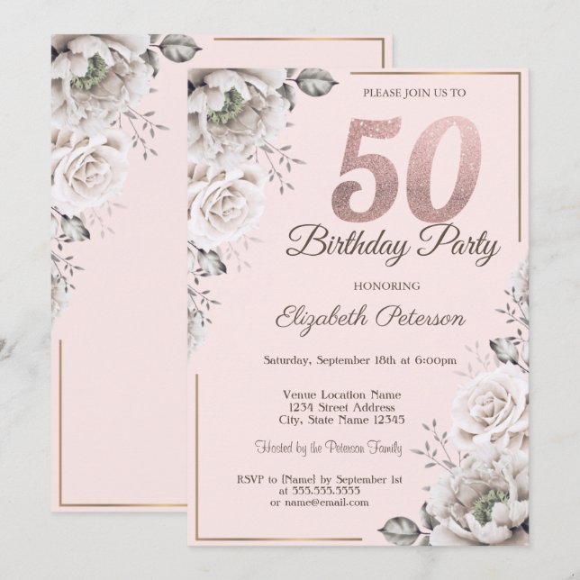 Invitation Soirée 50e anniversaire de style rose floral (Devant / Derrière)