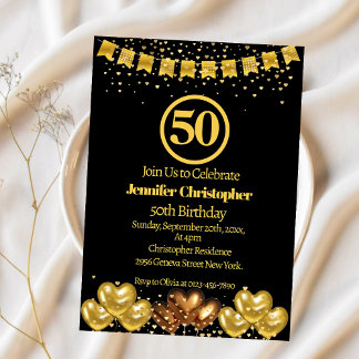 Invitation Soirée 50e anniversaire en noir et or
