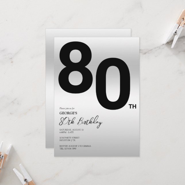 Invitation Soirée 80e anniversaire stylish (Devant/Arrière en situation)