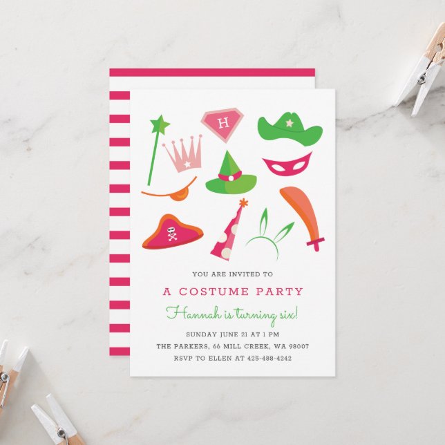 Invitation Soirée Anniversaire de enfant de la fête du costum (Devant/Arrière en situation)