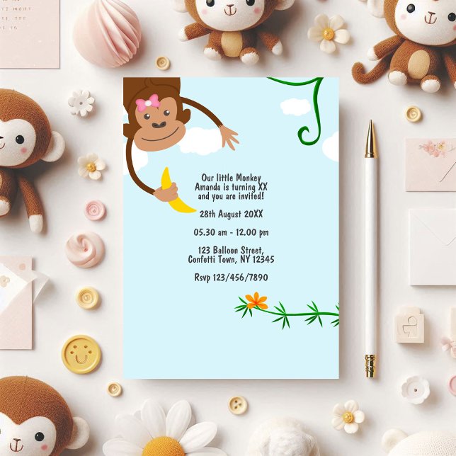 Invitation Soirée Anniversaire de enfant de la Jungle de sing (Cheerful Monkey Jungle Kids Birthday Party)