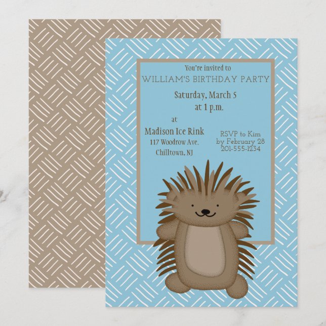 Invitation Soirée Anniversaire de enfant de Porcupine Cartoon (Devant / Derrière)