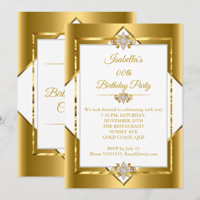 Invitation Soirée Anniversaire Gold White Diamond (Devant / Derrière)