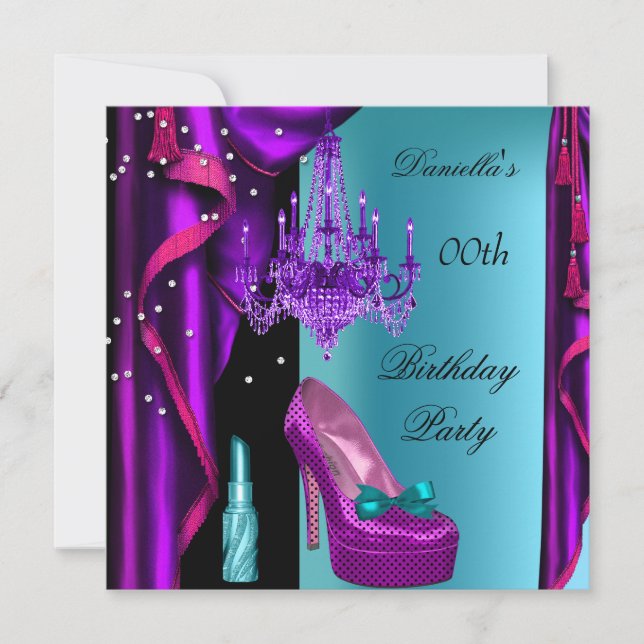 Invitation Soirée Anniversaire Purple Turquoise Black Lipstic (Devant)