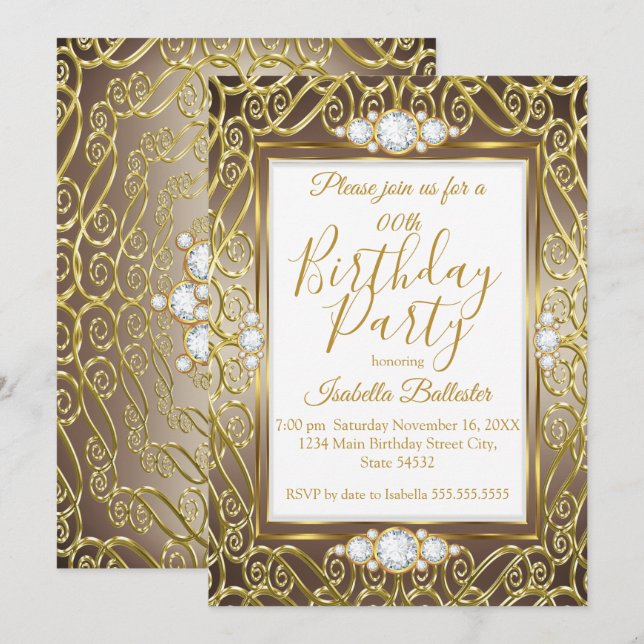 Invitation Soirée Anniversaire Soirée Or Bronze Beige Diamant (Devant / Derrière)