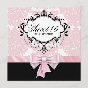 Invitation Soirée aux Damas noires roses 16 Anniversaires