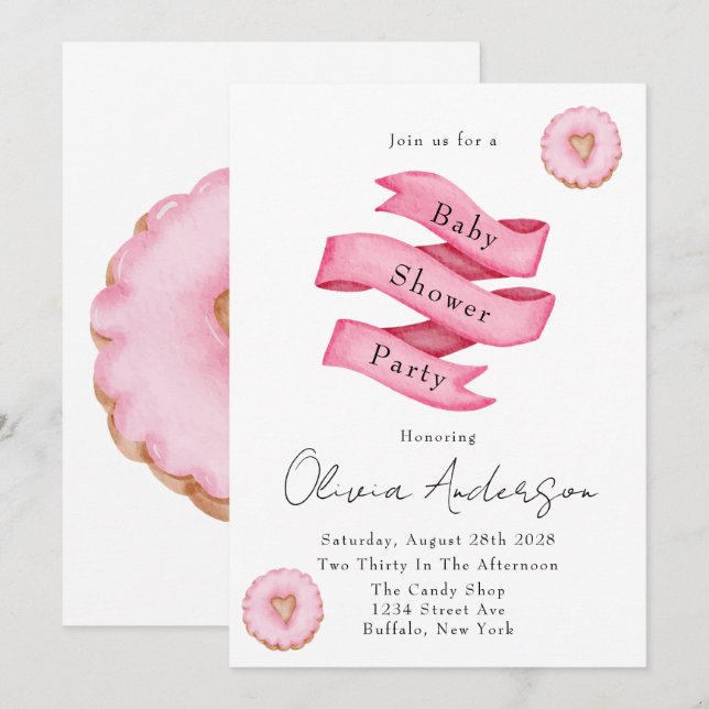Invitation Soirée Baby shower de beignets rose (Devant / Derrière)