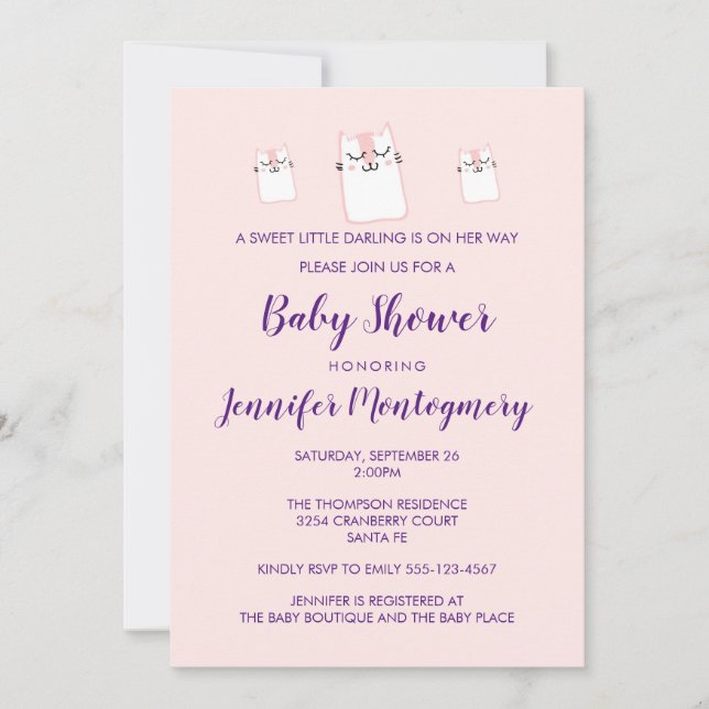 Invitation Soirée Baby shower Kitty Chat Rose Cute (Devant)