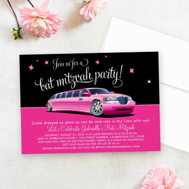 Invitation Soirée Bat mitzvah Limousine Rose (Créateur téléchargé)
