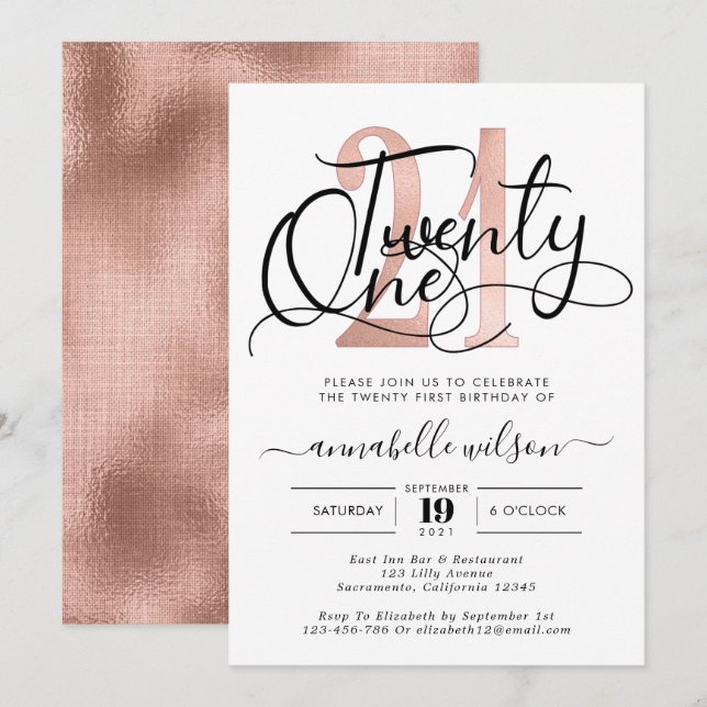 Invitation Soirée branchée Rose Gold 21e Anniversaire (Devant / Derrière)