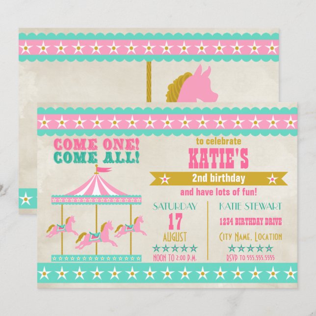 Invitation Soirée carrousel d'or rose Turquoise pour fille (Devant / Derrière)