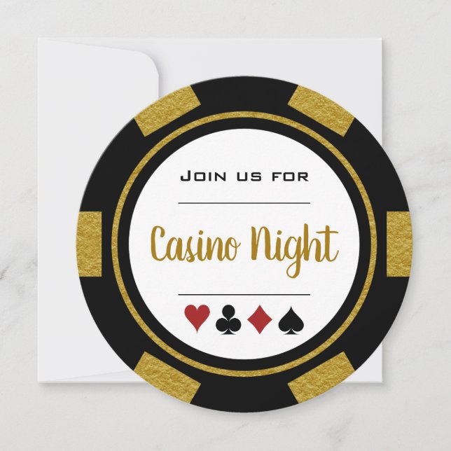 Invitation Soirée Casino Jetons de Poker Noir Blanc Or (Devant)