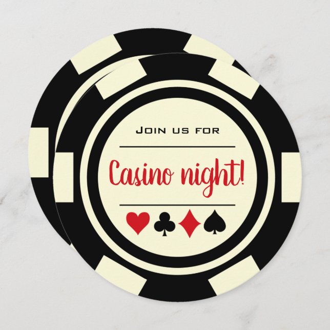 Invitation Soirée Casino Jetons de Poker Noir et Blanc (Devant / Derrière)