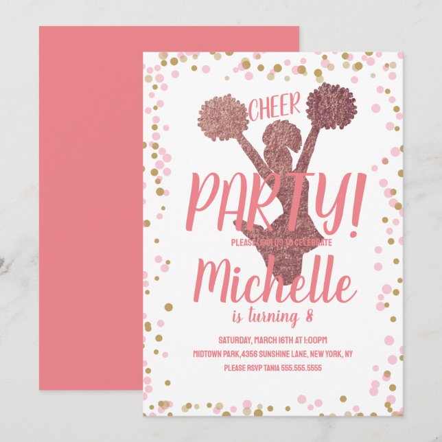 Invitation Soirée Cheerleader Anniversaire Blush Rose (Devant / Derrière)