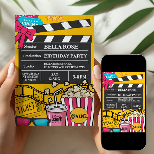 Invitation Soirée cinéma en jaune pour l'anniversaire des fil