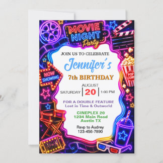 Invitation Soirée Cinéma Néon pour Anniversaire Tout Âge